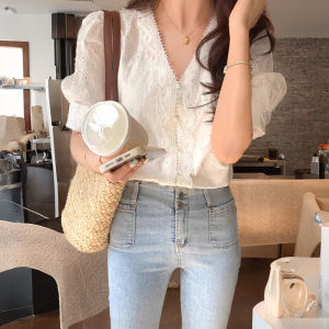 Stylish V-Neck Lace Shirt Short Sleeve White