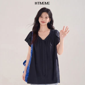 HTMEME | Áo Thun Mùa Hè Cổ V Rút Gọn Tay Bồng