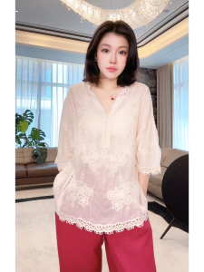 Me Home Yang Embroidered Lace Hollow out Top Womens Casual Cotton T-shirt V-neck Short Sleeve Summer Fashion Premium Feel