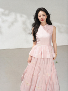 KEIKO | New Chinese Style Pink Slanted Collar Ruffled Embroidered Top and Skirt Set