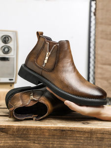 Mid-Top Leather Shoes Chelsea Boots Mens Spring Leather Side Zipper British Style Trendy Leather Boots High Top Working Wear Boots