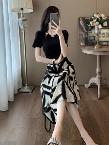 Summer New French Retro Design Short Sleeve Womens Shirt High Waist Half Skirt Two-Piece Set Fashionable Polyester Fiber