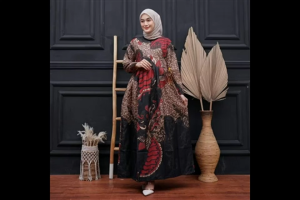 Gamis Batik Modern Merah Maron Burgundy Model Pesta Mewah Elegan Baju Batik Wanita Muslimah Jumbo