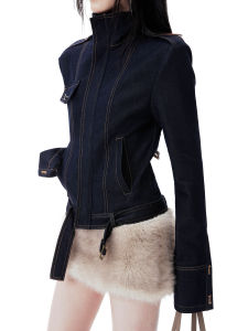 Áo Khoác Denim Ngắn Cổ Đứng Phong Cách Cổ Điển Dành Cho Nữ Áo Khoác Ngoài Thường Ngày Áo Khoác Ngoài Cotton Polyester Dáng Rộng Khóa Kéo