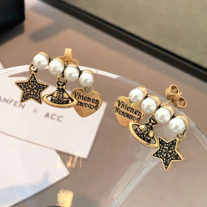 Black Diamond Embedded Queen Elizabeth Saturn Earrings Punk Style Pearl Ear Jewelry Luxury Sensation New 2025 Fashion Trend