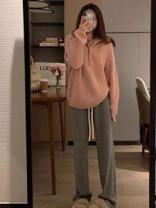 Grey Soft Thickened High Collar Half Zip Loose Knitted Sweater Womens Winter New Style Commute Style Regular Length