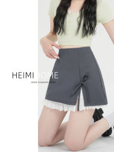 Váy Ngắn Chữ a Cạp Cao Màu Xám Ren Viền Cho Nữ Mùa Xuân Hè Váy Ngắn Chữ a Bó Sát Váy Ngắn Cỡ Nhỏ Thắt Nút Bướm Váy Ngắn