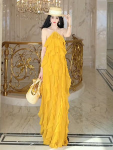 SHANGSHA | Autumn Holiday Elegant Yellow Halter Dress