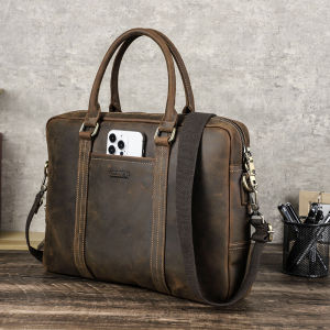 Hiram Retro Crazy Horse Leather Men Bag for13.3/14.2 inch Laptop Bag Multi Functional Business Leather Mens Briefcase Bags