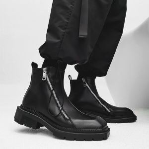 Korean Style Square Head Chelsea Boots Mens British Retro Zip Thick Bottom Martin Boots Couple Black High Top Leather Shoes