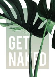 Green Botanical Bathroom Wall Art Monstera Leaf Prints with "Get Naked" Quote