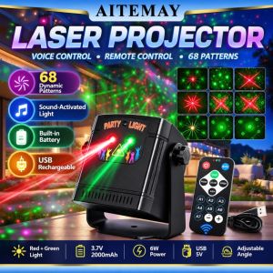 Aitemay Đèn Chiếu Laser 68 mẫu điều khiển bằng giọng nói có thể sạc lại đèn tiệc laser xanh lá đỏ DJ Disco Đèn sân khấu cho nhà cắm trại karaoke