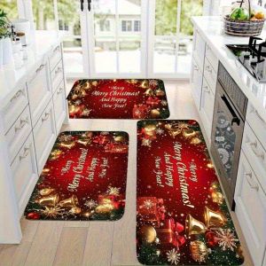 VIKAMA Farmhouse Christmas Kitchen Mat Set Anti Slip Washable Rug Snowman Plaid Tree Snowflake Floor Runner