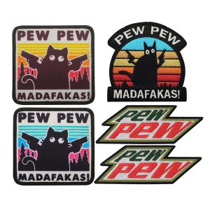 PEW PEW Madafakas Funny Cat Badges Embroidery Fabric AppliqueMilitary Stickers Tactical Patches With Hook Loop For HatBackpack