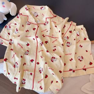 Summer Sleepwear Womens New Thin Cotton Cartoon Cute Kitty Cat Student Casual Open Cardigan Short Sleeve Shorts Home Clothes