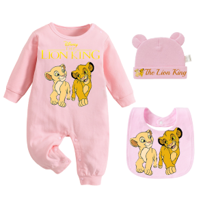 Disney | 3 Pieces/Sets Newborn Saliva Towel Baby Bib Newborn Crawling Suit Kawaii Feeding Bib Baby Pink Hat Newborn Set Spitting Up Milk