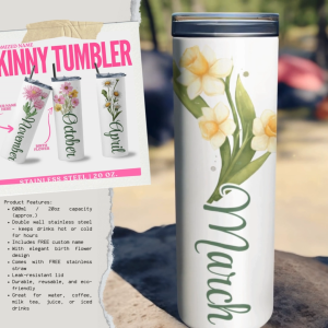 600ml Personalized Skinny Tumbler with Free Name & Birth Flower Design | Double Wall Stainless Steel | Hot & Cold Drinkware with FREE Stainless Straw | Custom Tumbler Gift for Her | Bridesmaid Gift | Eco-Friendly Flask Water Bottle