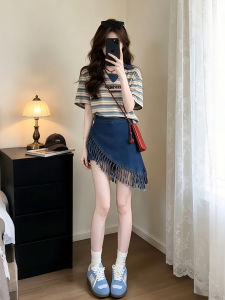 XUECAIQI | Youthful Summer Korean Style Set Stripe Tshirt Asymmetric Fringe Mini Skirt