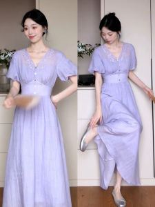 LIRUSHAN | French Elegant V-Neck Summer New Special Purple Waist Cinching Dress