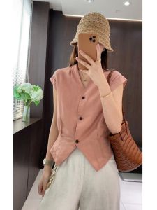 YUEZHONGWEI | Áo Thun Không Tay V-neck Từ Gai Pháp