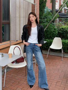 Low Waist Slim Fit Denim Jeans Womens Autumn American Retro Washed out Micro Flared Pants Commute Style Wide Leg Jeans