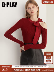 Red Butterfly Knot Slim Fit Knitwear Shoulder Bared French Vintage Style Autumn Top by Dplay Commute Art Style Polyester Fiber
