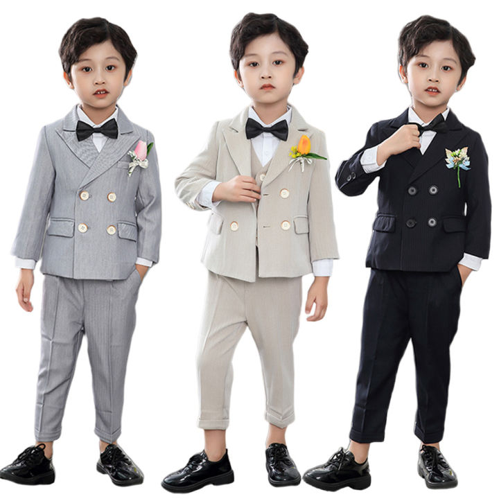 4Pcs Child Boys Wedding Party Formal Outfits Suit Coat +Pants+Blouse+Bow  Tie Set