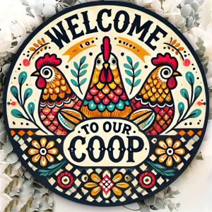 2D Flat Color Vintage Country Animal Rooster Chick Cow Wooden Disc Chicken Coop Farmhouse Cowshed Rustic Logo Decorated Gift