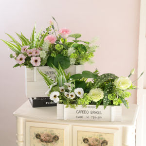 Indoor Desktop Decorative Wooden Fence Simulation Green Plant Artificial Flower Potted Plant Partition Props Modern Simplicity