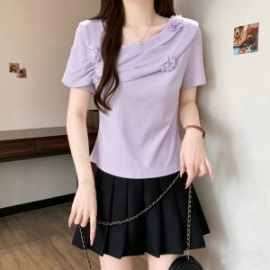 AIYITI | Floral Purple V-neck Fitted T-shirt