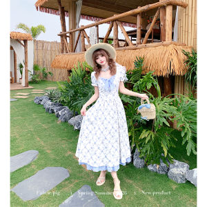 Rustic Summer Blue Short Sleeve Flower Print Dress
