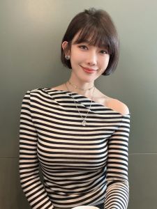 YUFUQING | Elegant Shoulder Bared Striped Long Sleeve T Shirt Womens Early Autumn New Design Unique Attractive Beautiful Side Shoulder Top