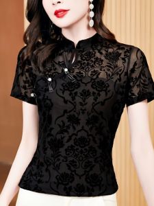Retro Lace Hollow out Short Sleeve T-Shirt Womens Summer Button up Cheongsam Collar Slim Fit Outerwear Base Layer Shirt