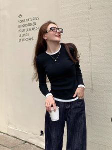 PEIXI | Slim Waist Faux Two-Piece Knit Sweater Round Neck Color-Block Patchwork Top