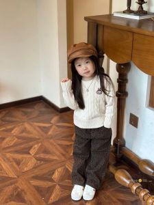 Cute Girls Knitted Sweater Embroidered Twisted Casual Pants Warm Comfortable Top Bottom Set Childrens Clothing Autumn Winter