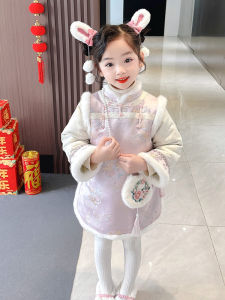 Thickened Cotton Hanfu Cheongsam Skirt Childrens Winter Clothes Baby Girls New Year Ceremony Costume Midi A-Line Dress
