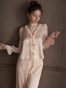 ชุดนอนผ้าไหมแขนยาว กางเกงขายาว ชุดนอนสตรี ชุดอยู่บ้าน เสื้อผ้าสำหรับใส่ในบ้าน ชุดนอนฤดูร้อน ชุดนอนฤดูใบไม้ผลิ ชุดนอนฤดูหนาว ชุดนอนฤดูร้อน