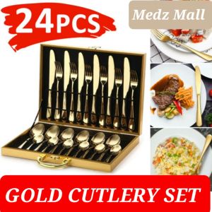 24 pcs  luxury GOLD cutlery spoon and fork stainless steel with gift box