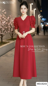 "Váy Thiết Kế MDU5243 Đầm Xòe Mango Cao Cấp Cổ V Phối Nơ Lớn Đỏ Đô Sang Trọng Và Cuốn Hút Từ MDU