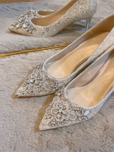 Silver High Heels Womens Shoes Comfortable Wedding Shoes Fashionable Pointed Toe Water Diamond Decorated Flat Footbed Single Shoes