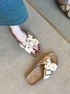 FANGXI | Leather Buckle Flower Summer Outdoor Slip On Flat Thick Sole Womens Slippers