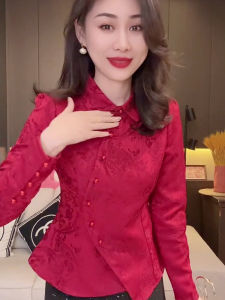 เสื้อเชิ้ตผู้หญิงแขนยาวลายดอกไม้สีพื้นสไตล์จีนใหม่ ทรงสลิมฟิต ทรงเข้ารูป เสื้อเชิ้ตผู้หญิงฤดูใบไม้ผลิ 2025 แฟชั่น