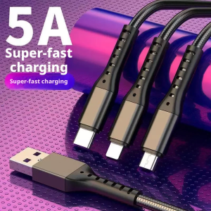5A Super Charge 3-in-1Cable Universal Nylon Braided Multi Charger Line for iPhone Lightning Type C Micro USB All Mobile Phones