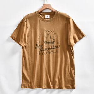 Washed Pure Cotton Flannel round Neck Short Sleeve T-Shirt Breathable Sweat Absorbent Summer Mens Retro Print ODM Company Goods