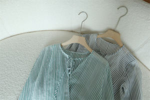 Silk Cotton Colored Woven Stripes Semi-Transparent Belted Chinese Style Shirt Ro Jing Jing Special Clear Y453 Commute Loose Fit Long Sleeve round Neck