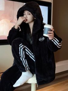 Ins Thickened Fleece Sleepwear Hooded Zipper Womens Home Clothes Set Autumn Winter Casual Comfortable Long Sleeve Pajamas