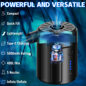 5000mAh Rechargeable Portable Air Pump 2-in-1 Electric Inflator Deflator 400L/min Fast Airflow USB Type-C Mini Air Pump Camping