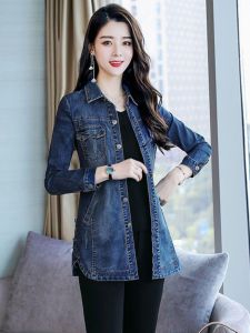 Loose Korean Style Womens Fashionable Slim Fit Denim Jacket Mid-Length Coat Polo Collar Single Button Long Sleeve Cotton Polyester