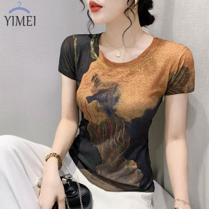 Yimei Áo Thun Nữ xinh đẹp Áo thun dập Vàng chiên 2023 in thời trang mới mùa hè cổ tròn nữ ôm sát ngắn tay áo phong cách hoài cổ nữ