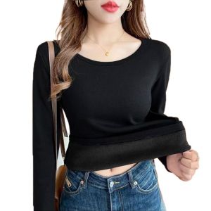 Thickened Fleece Lined Long Sleeve Base Shirt Womens Autumn Winter New Style Integrated Fleece Inner Wear Thermal Top for Middle Aged And Elderly